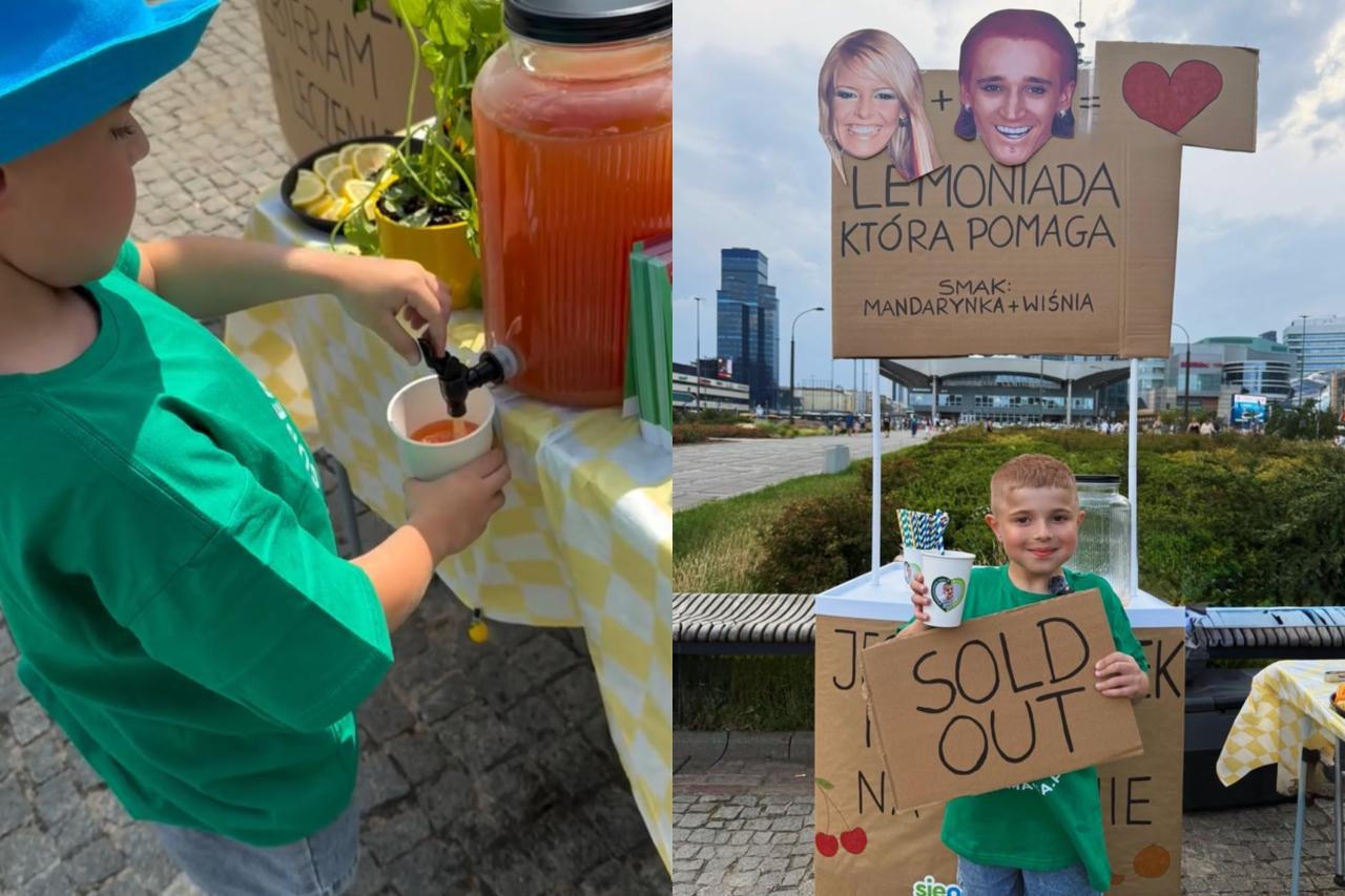 Szymonek Lipiński sprzedaje w centrum Warszawy lemoniadę mandarynkowo-wiśniową | fot. instagram.com/siepomaga/