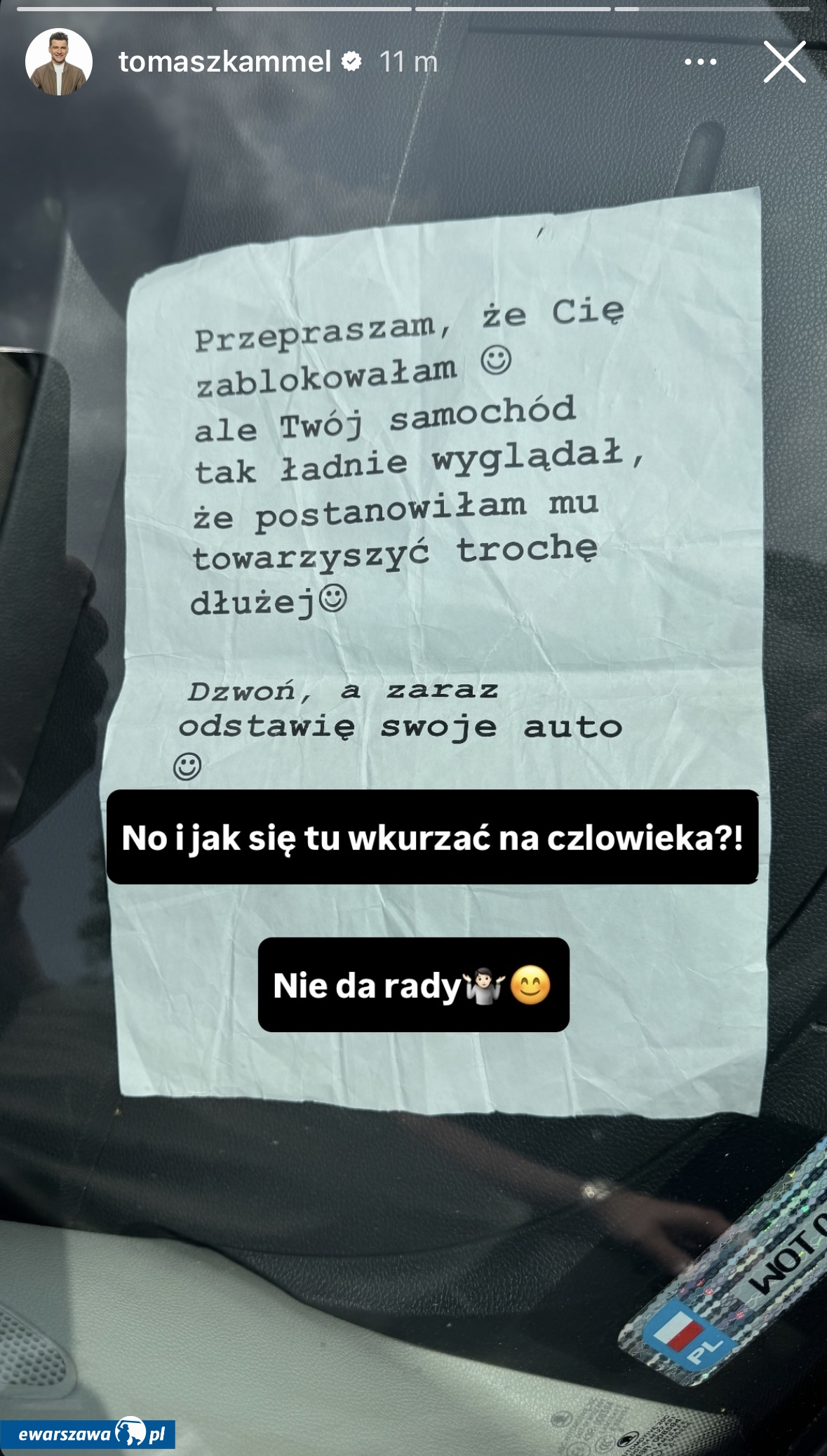 Zastawiony samochód Tomasza Kammela | fot. instagram.com/tomaszkammel