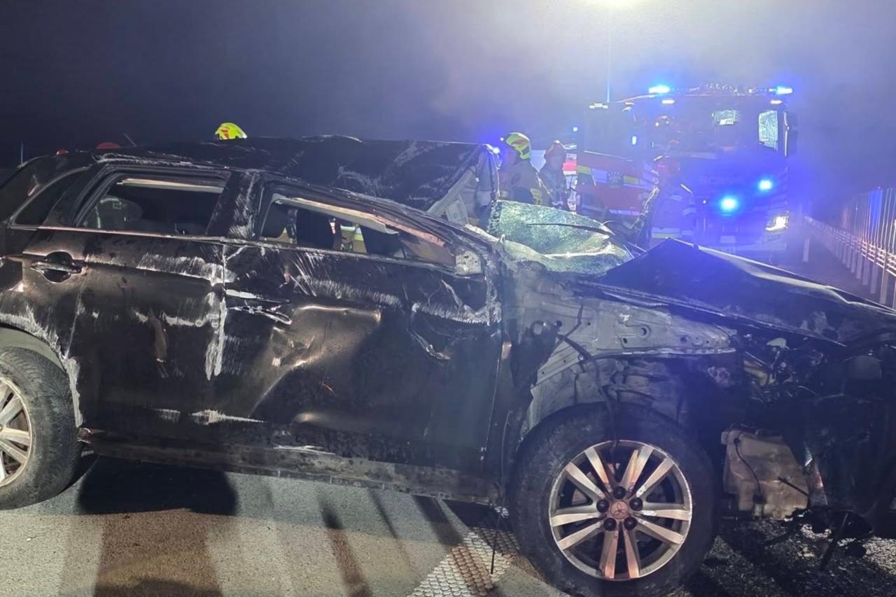samochód po zderzeniu z łosiem na A2 | fot. OSP Zbuczyn