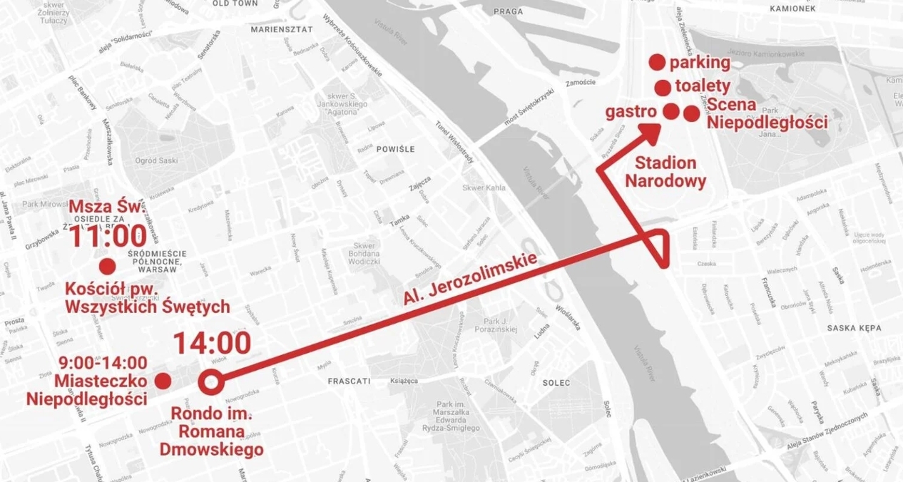 trasa Marszu Niepodległości 2026 w Warszawie | fot. facebook.com/MarszNiepodleglosci